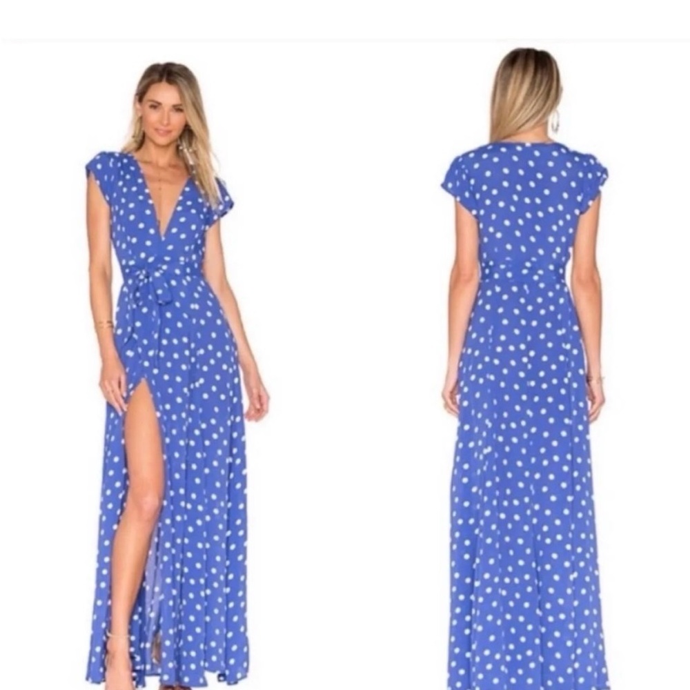Tularosa Blue and Whitw Polka Dot Maxi Dress